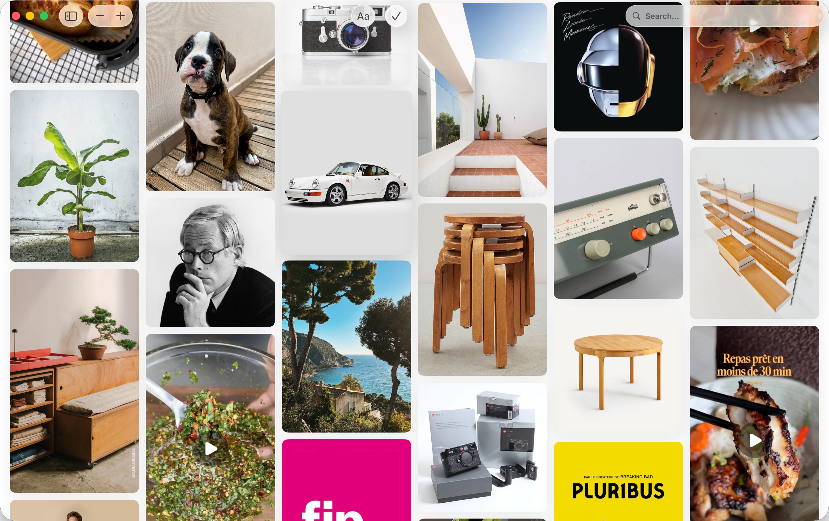 Pinpin moodboard app running on Mac — grid view with saved images